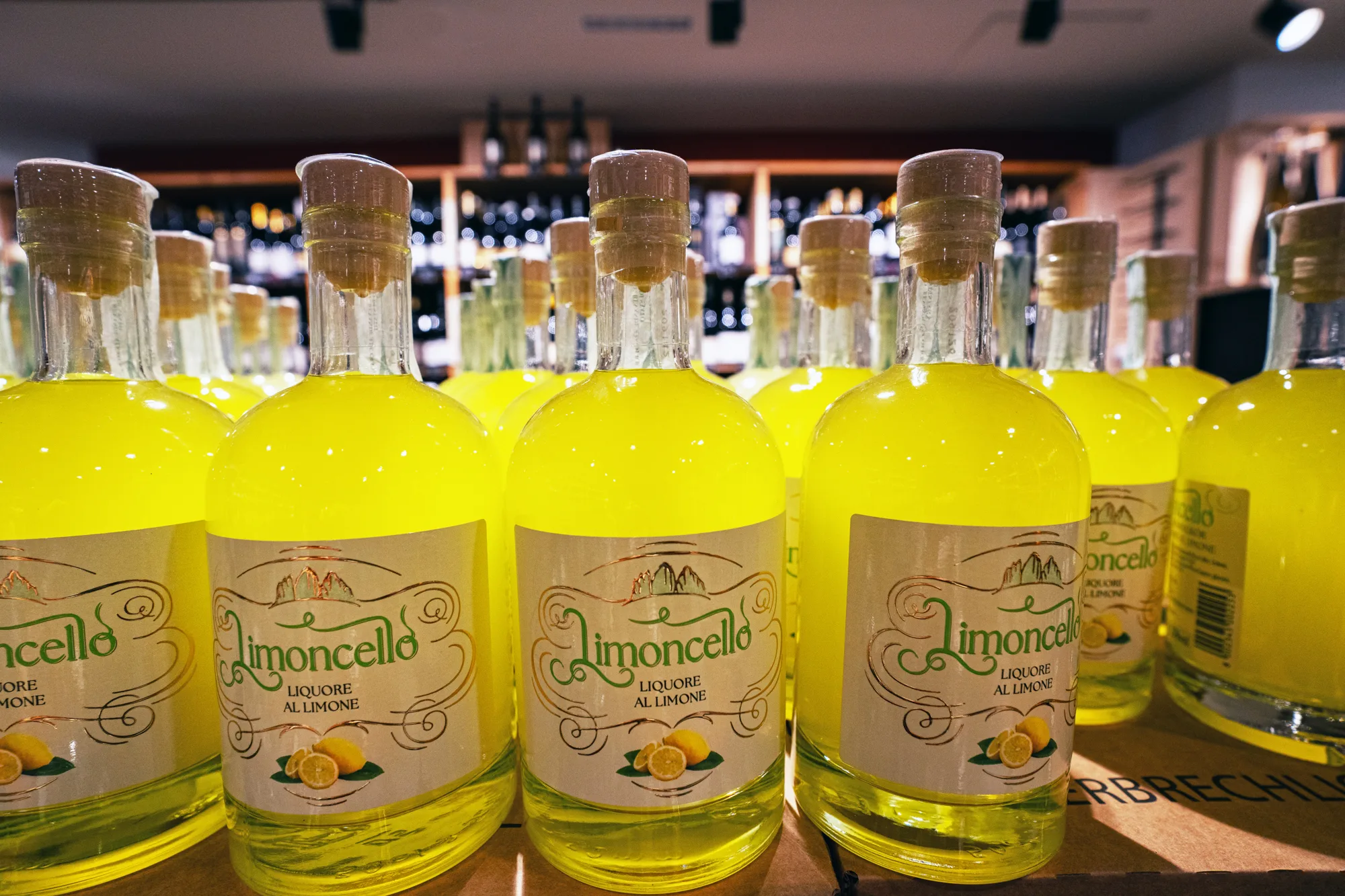 Limoncello and yellow liqueurs in the Enoteca