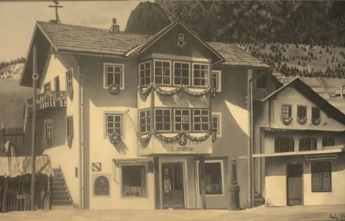 Aerial view Senoner Sartëur – historic shop in Selva Val Gardena since 1880